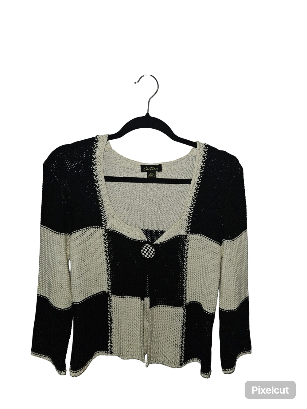Cartise Black and Cream Checkered V-Neck Knit Cardigan